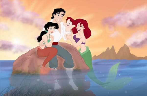 Mala-princeza-sirena-Ariel,-princ-Eric,-cerka-i-sin
